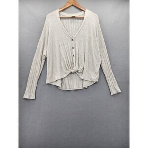 By Together Ribbed Front Knot Top Gray Long Sleeve Button V-Neck Large USA